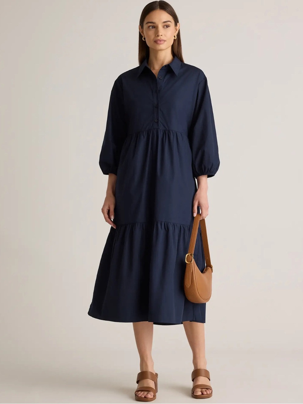 Quince Navy 100% Organic Cotton Poplin Midi Tunic Dress